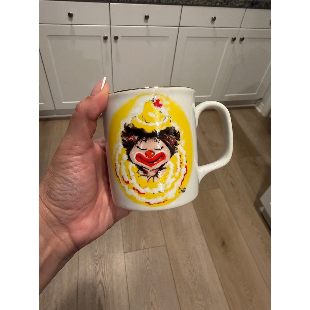 Vintage 1979 Enesco Annette Little Clown Coffee Mug Gold Rim Ceramic White Mug